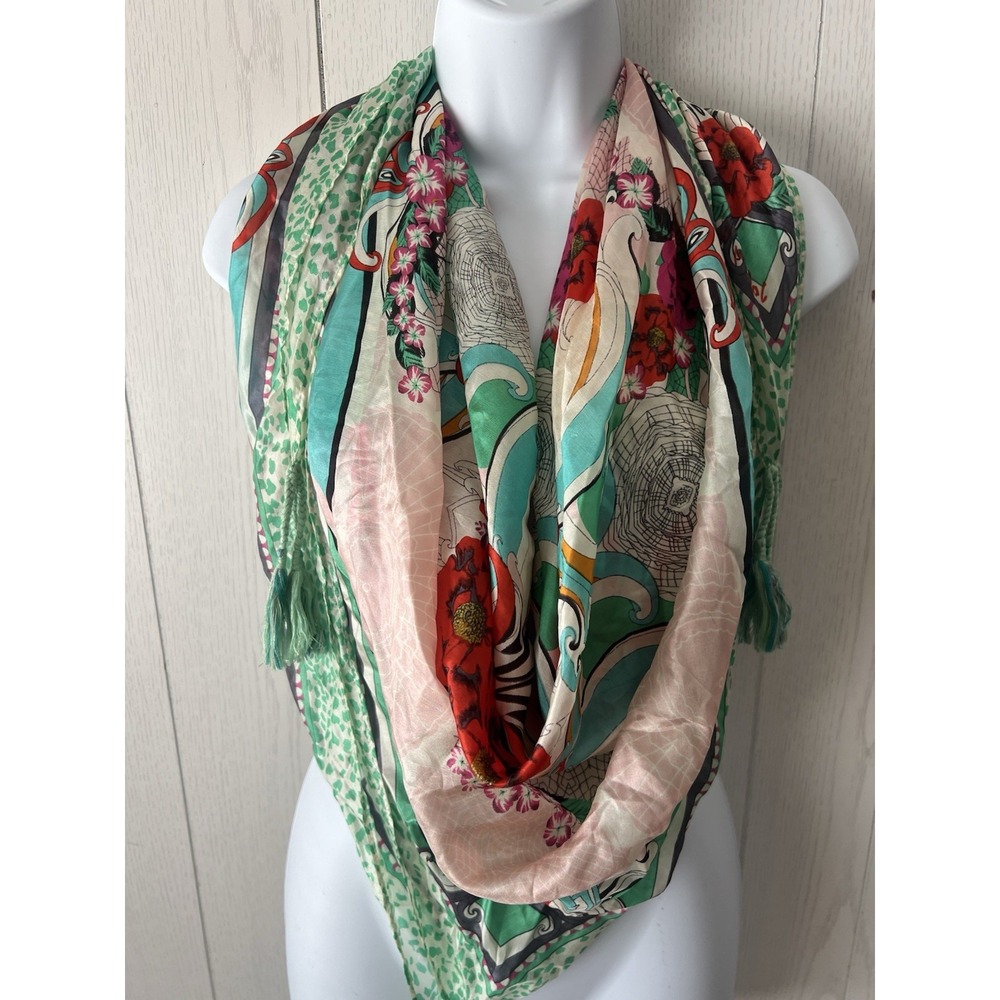 Johnny Was 42" Square Scarf Floral Tassle Poppy Boho Multicolor Teal Pink Signed